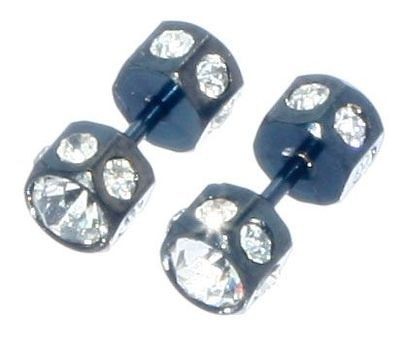 Fake Black Ear Plugs With Sparkly Simulated Diamonds 1Pair P2