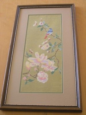Great Vintage Framed Silk Petit Point Bird Cherry Blossoms Wall 