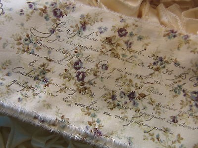 yards  FRENCH SCRIPT on blue roses hand rubber stamped fabric 