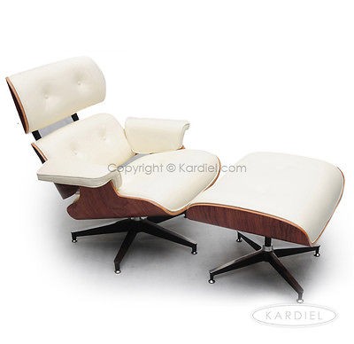 LOUNGE CHAIR & OTTOMAN WHITE GENUINE LEATHER Palisander Plywood 