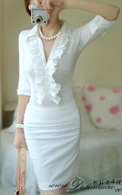 NWT sexy office lady WHITE wear to work long sleeve flounce lace 