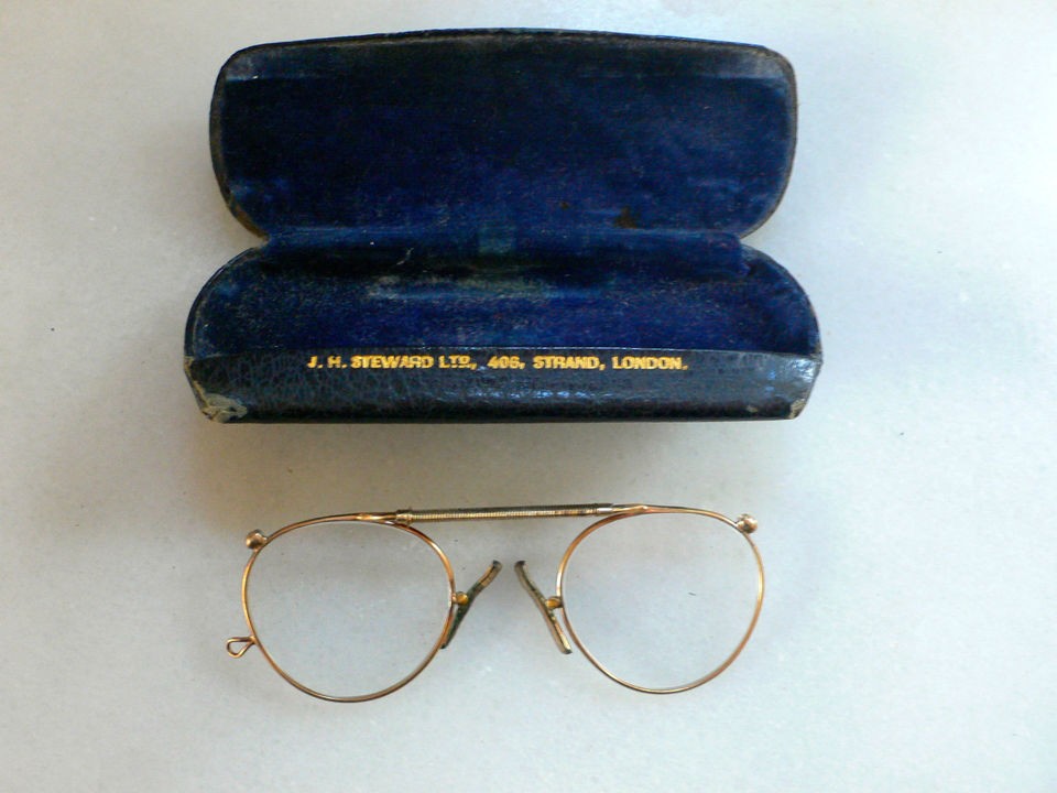 Antique English Pince Nez Spectacles Gold w/ Case Eye glasses VTG