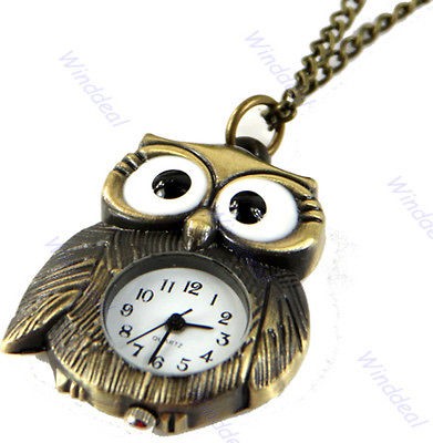 Vintage Bronze Big Eyes Owl Keychain Pocket Watch Clock