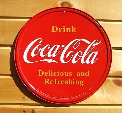 Drink Coca Cola ROUND TIN SIGN Red COKE Vtg Button Logo metal wall 