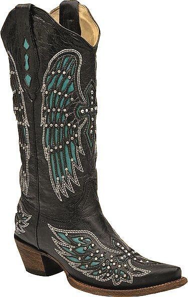  Black Leather Boots w/Turquoise Wings & Swarovski Crystal Crosses
