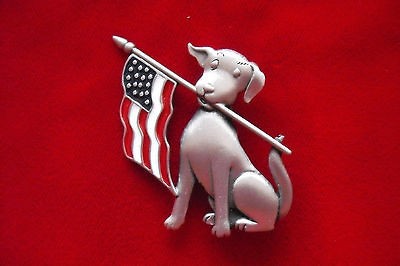Patriotic Dog with USA Flag JJ pewter pin Jonette