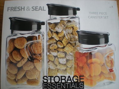 NEW Storage Essentials 3 Piece Glass Kitchen w/Plastic Lids Canister 