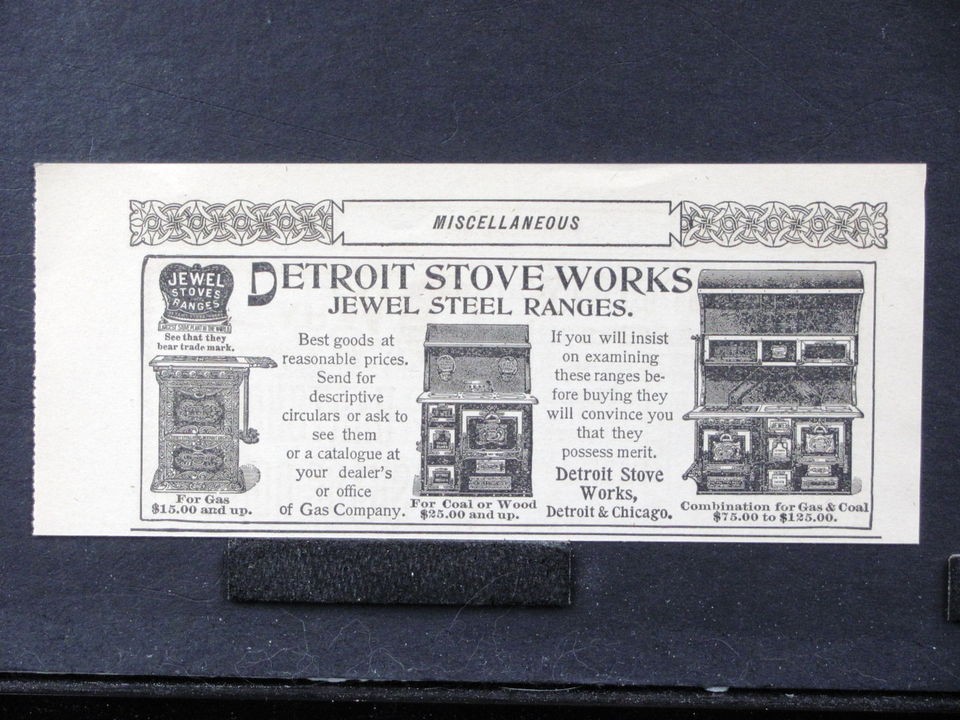 1896 DETROIT STOVE WORKS Jewel Steel Kitchen Ranges magazine Ad oven 