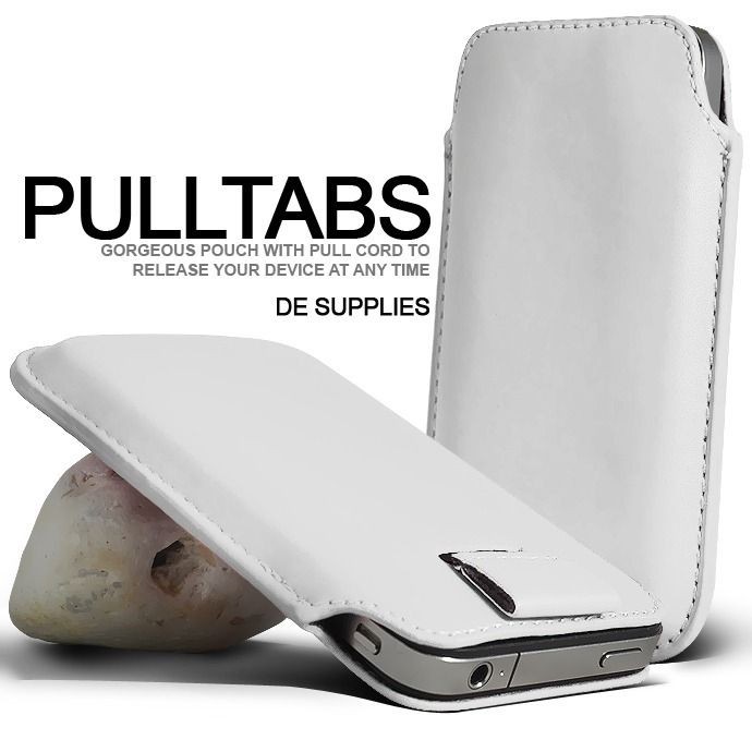 White Premium Leather Pull Tab Cover Pouch for Various Mobile 