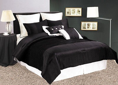 8pcs Solid Black Pleats Comforter Set Bed In A Bag Queen