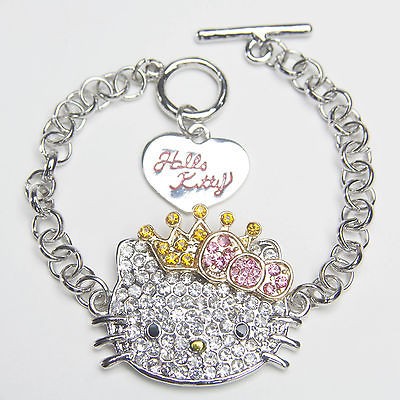 Hello kitty Pink Bow Crown Crystal Rhinestone Bracelet Gift BL02
