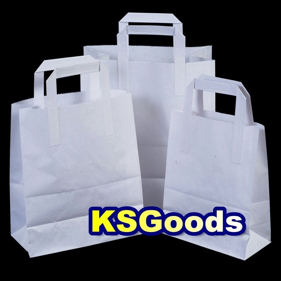   WHITE FLAT HANDLES SOS TAKE AWAY PARTY PAPER BAGS LUNCH FOOD TAKEAWAY