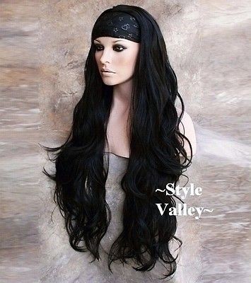 Elegantly Long BLACK 3/4 Fall WAVY Hair Piece Half wig Extra long 