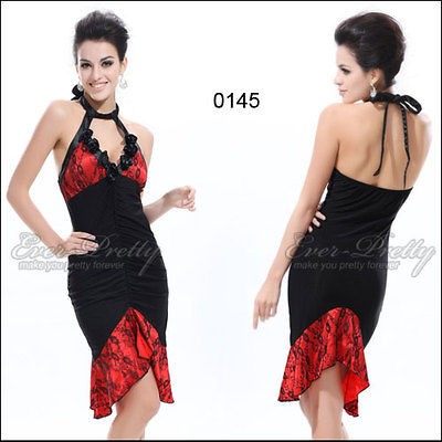 Halter Black Red Open Back Semi formal Mini Cocktail Club Dress 00145 