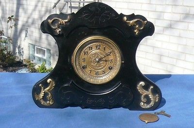 New Haven Black Enamel Music Box Antique Shelf Mantle Clock Raised 