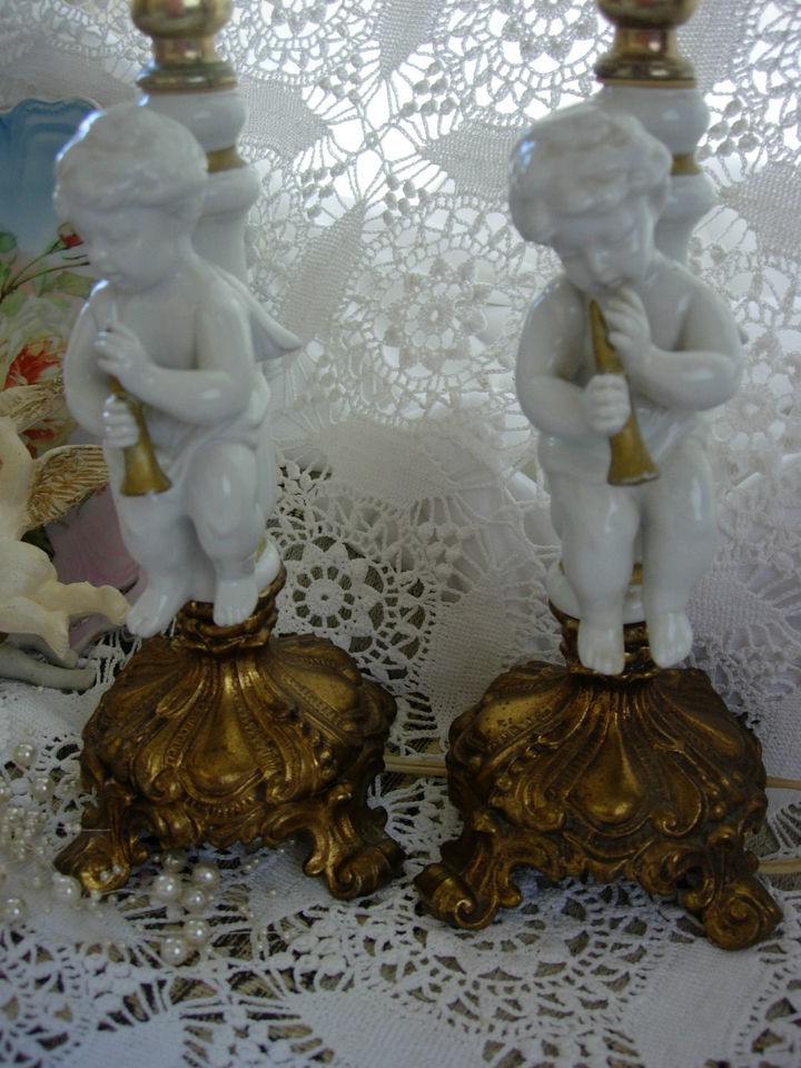 Vtg Boudoir Table Lamps Porcelain Angels Gold Horns Brass Footed Base 