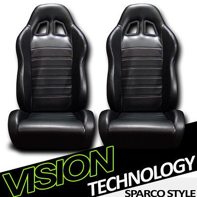 2x Version 2 JDM Black PVC Leather Reclinable Racing Bucket Seats 