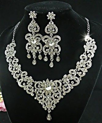   Bridal Flower with Clear Swarovski Crystals Necklace Earring Set 63