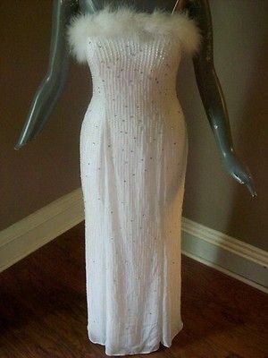 Alyce White Beaded Feather Informal Wedding Dress Bridal Gown Formal 