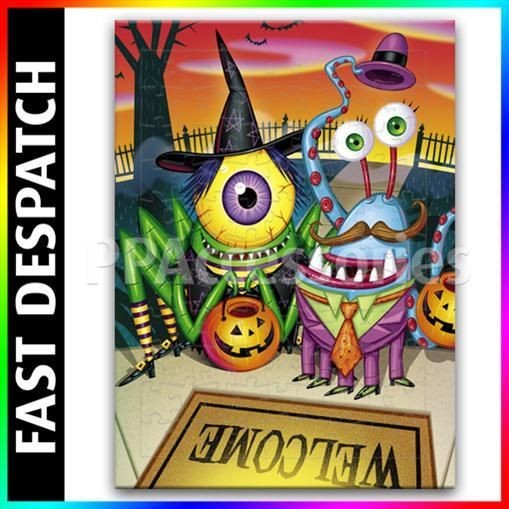   Trick or Treat Monsters on Welcome Mat Jigsaw Puzzle 3 Sizes Available