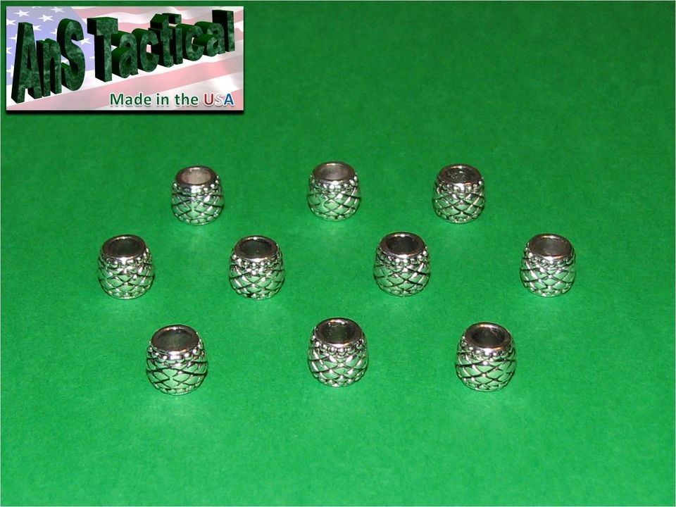 10 Antiqued Silver Metal Barrel Beads, large hole, fits paracord knife 