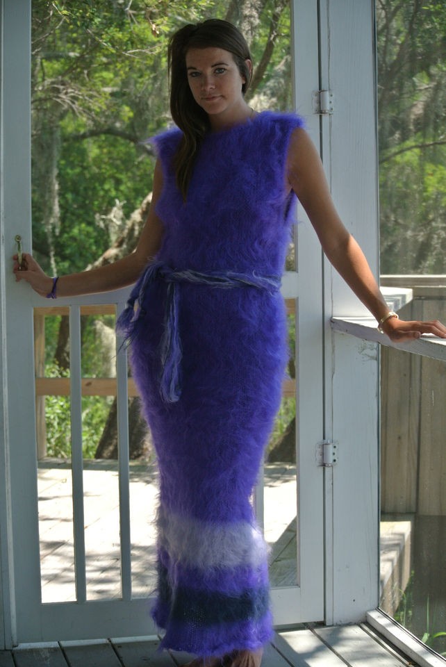 Handmade Mohair, Purple, Long Sweater Dress, Fuzzy & Brushed, M,L
