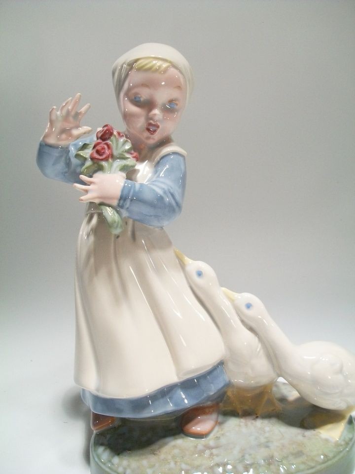 Vintage Holland Mold Figurine Girl with Flowers Geese Nice Antiqued 