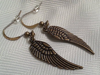 Handmade Angel Wings Golden / Brass Earrings Pair Pendant Bird Pattern