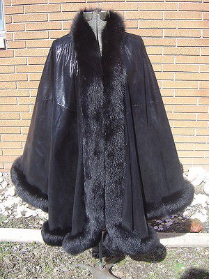 Black Metallic Leather FOX FUR Collar CAPE COAT 1X 3X 4X L XL VERICCI 