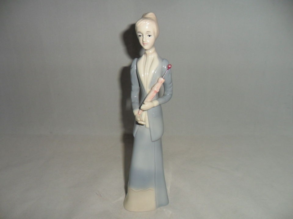 Lady Figurine with Umbrella in Blue Dress   Unsigned