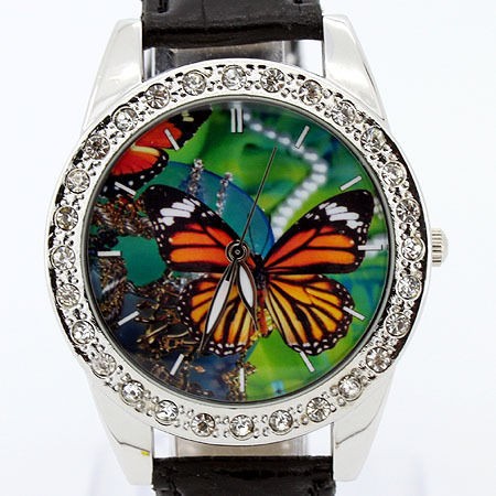 Beautiful Women Lady Colorful butterfly Leather Quartz Girl Wristwatch 