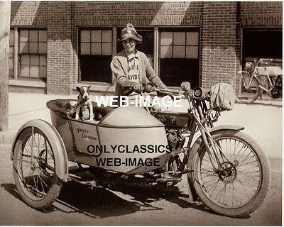 1914 EARLY VINTAGE HARLEY DAVIDSON SIDECAR MOTORCYCLE BOXER DOG GIRL 