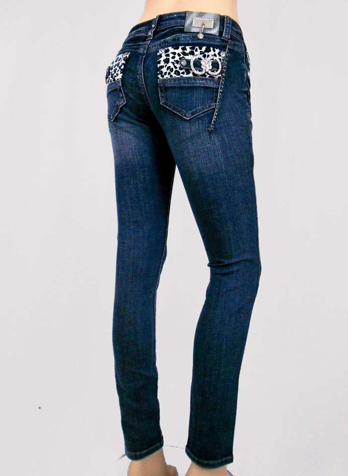 Women La Idol Skinny Rhinestone Jeans Animal Leopard Jewel Pockets 