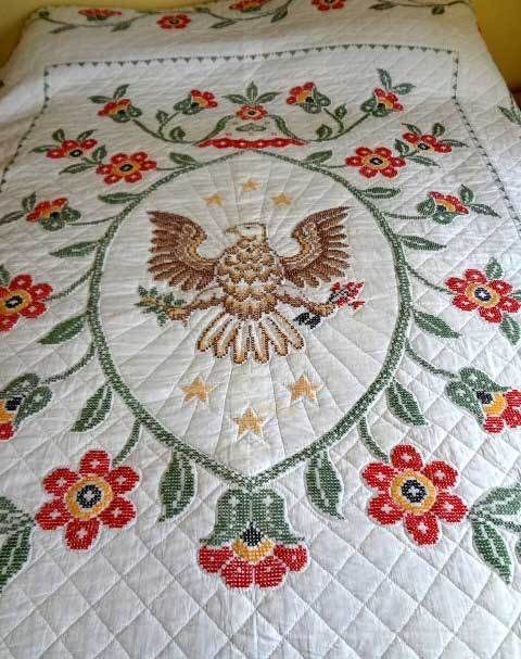  Cross Stitched American Eagle Quilt Wall Hanging Folk Art