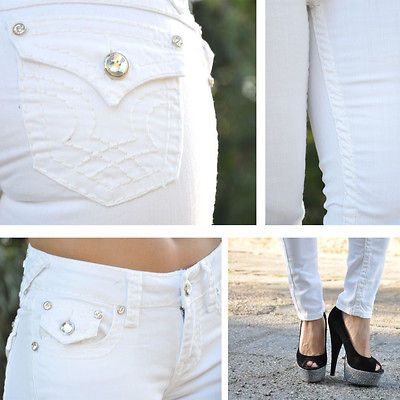 White Skinny Jeans with Rhinestone buttons from LA IDOL 1756NR