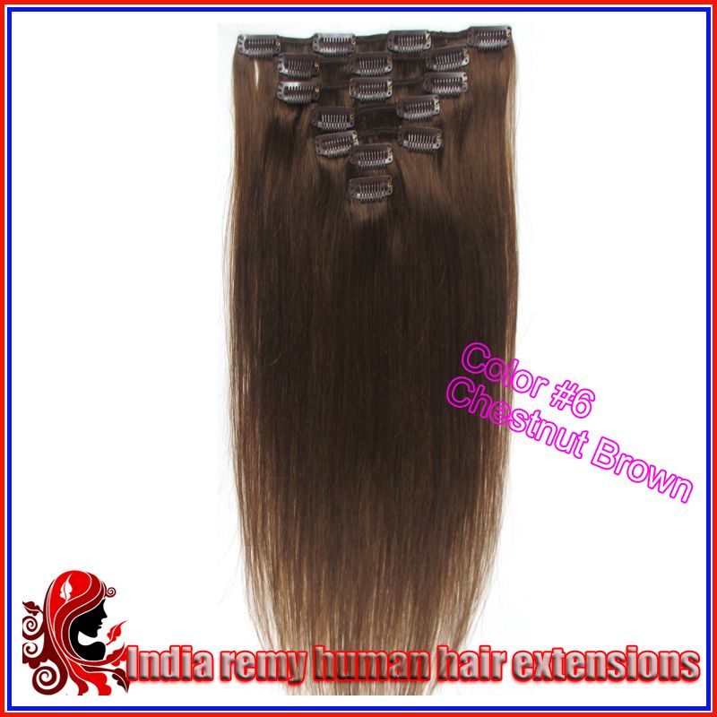 clip in india remy human hair extensions 18 70g color #6 chestnut 