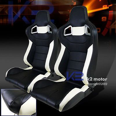 NEW 1 PAIR WHITE & BLACK PVC LEATHER RECLINABLE RACING SEATS