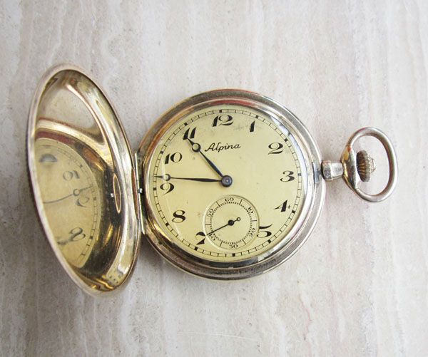 Alpina Union Horlogere Hunter Case Pocket Watch Double Gold Art Deco 