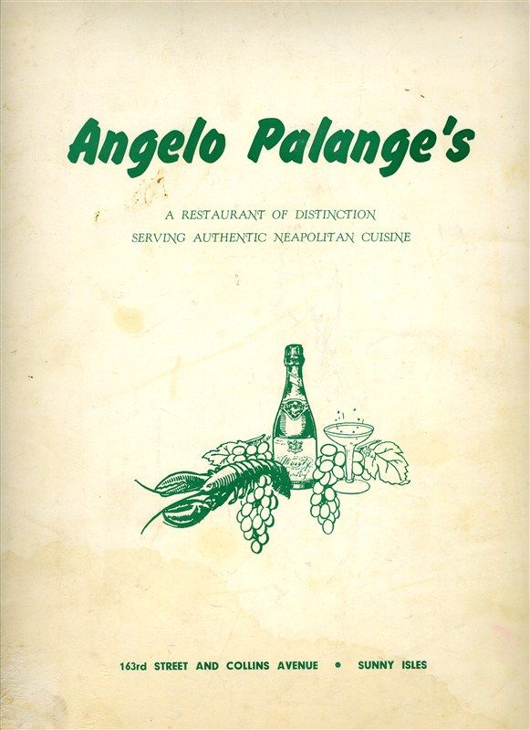 Angelo Palanges Neapolitan Cuisine Menu Sunny Isles Florida 1950S 