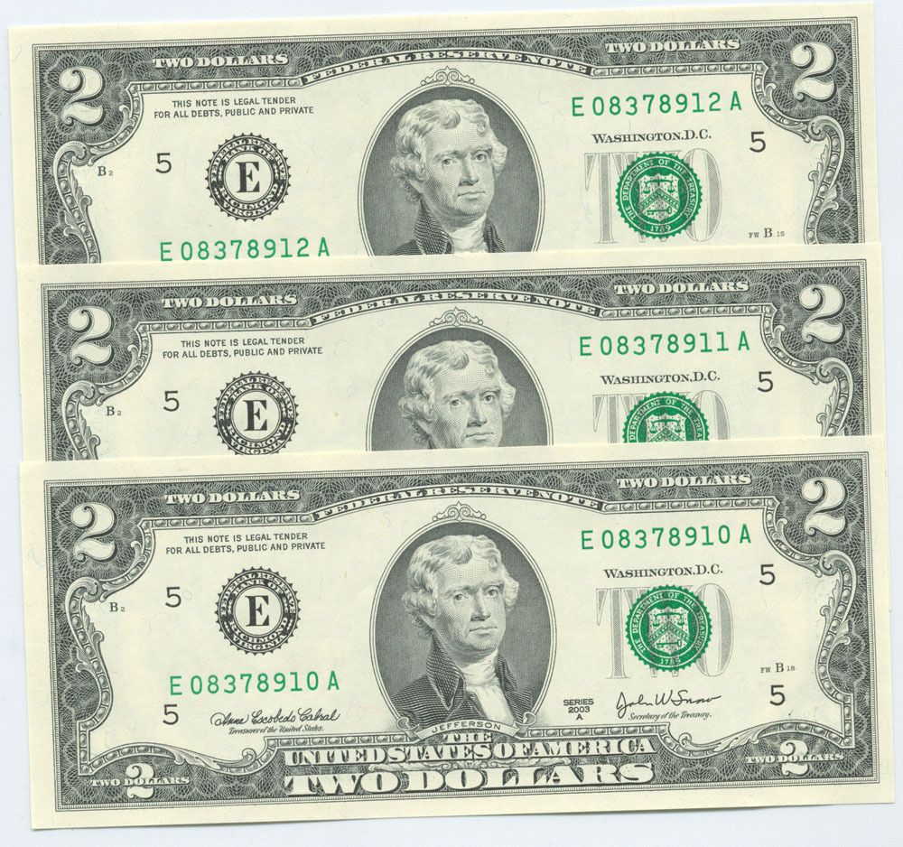 233 2003 A Two Dollar Bill 3 Consecutive Serial Uncirculated