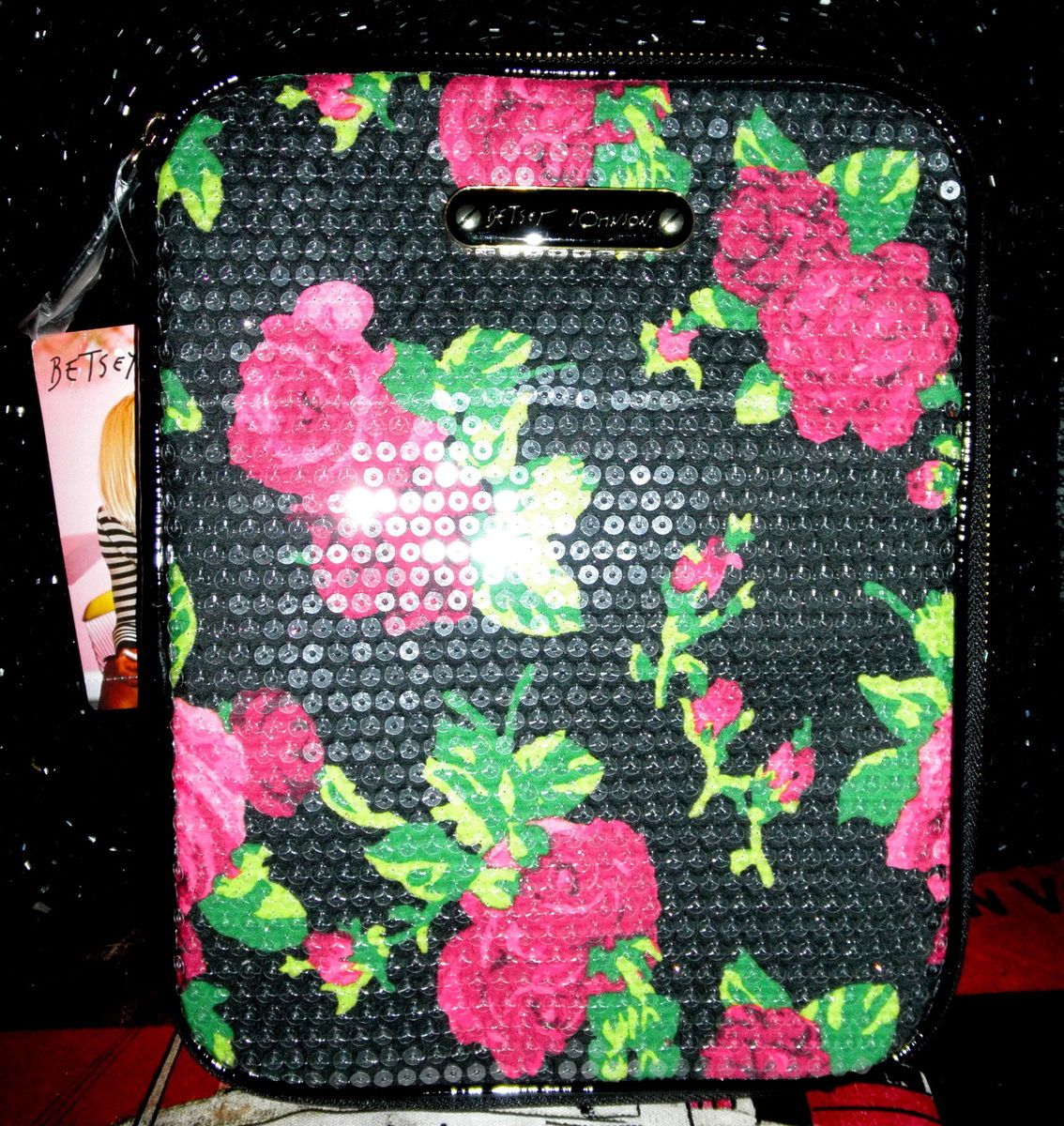 Betsey Johnson BLACK GLITZY FLORAL ROSES SEQUIN IPAD Ereader ZIP Cover 