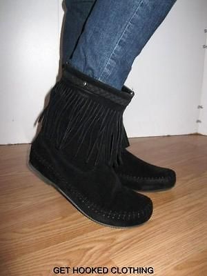 ankle short bootie MOCCASIN sueded FRINGE BOOTS black NEW 8.5