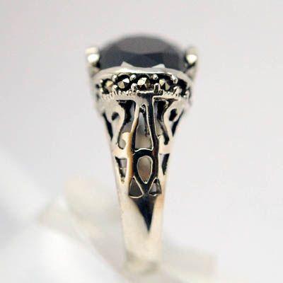 Marcasite Black Onyx 925 Sterling Silver Ring Sz 6
