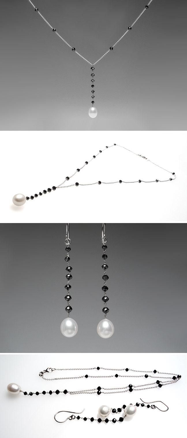   Cultured Pearl & Black Diamond Necklace & Earrings Set 18K White Gold