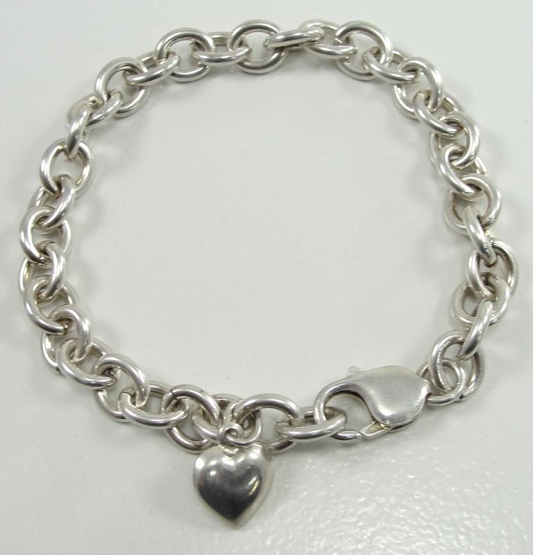   Silver Rolo Chain Bracelet Heart Charm Oval Link 8 Smooth Texture