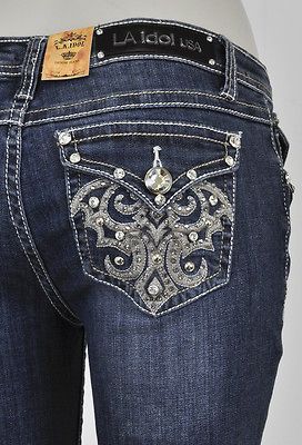 La Idol Boot Cut Jeans W/ White & Brown Stitching Flower Studs Designs 