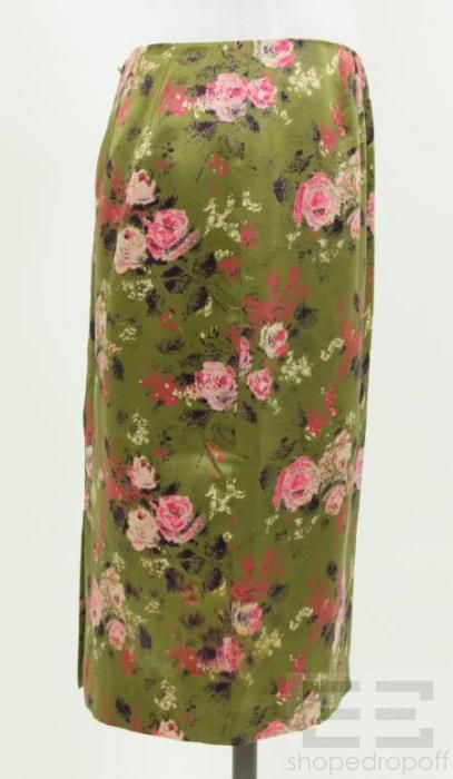 Collette Dinnigan Green Silk Pink Floral Print Pencil Skirt Size