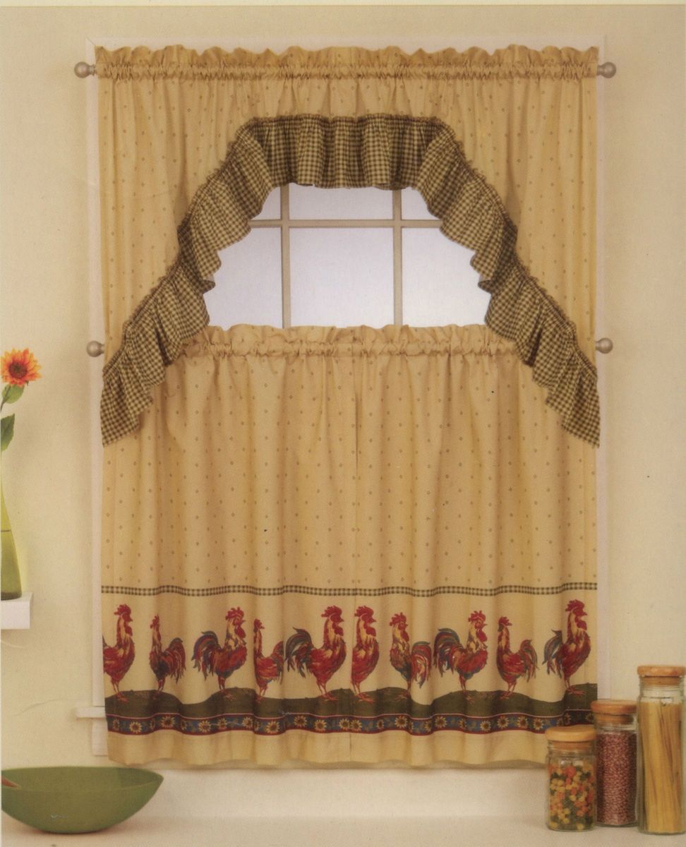 Country ROOSTER Sunflower Tier & Swag Kitchen Window Curtains Tan