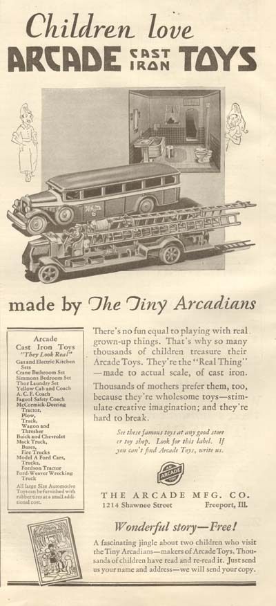  Cast Iron Toy Arcade Fire Truck Bus Crane Bathroom Miniature Ad