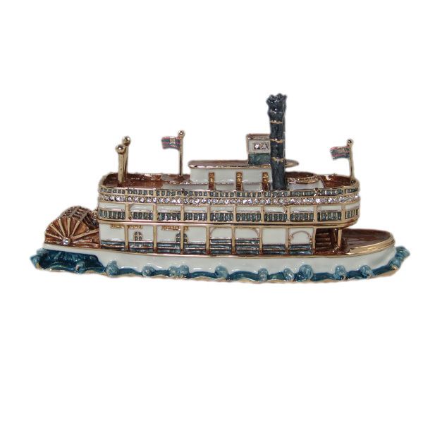 Riverboat Trinket Jewelry Box Cruise SHIP Boat Blue Brown Bejeweled L